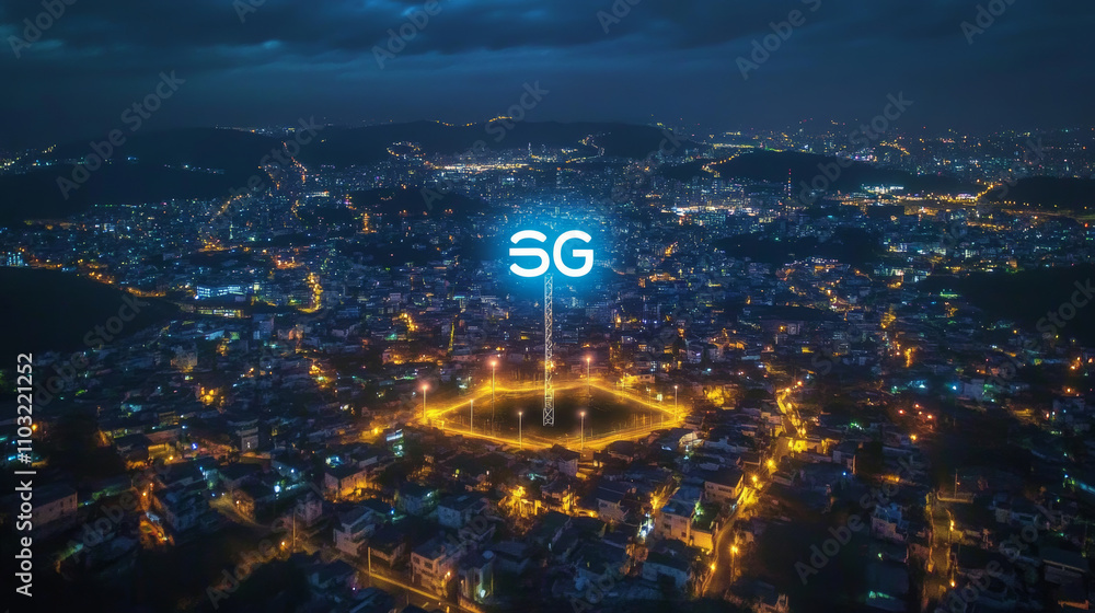 Poster 5g communication tower for wireless hi-speed internet. mobile network technology in city life concep