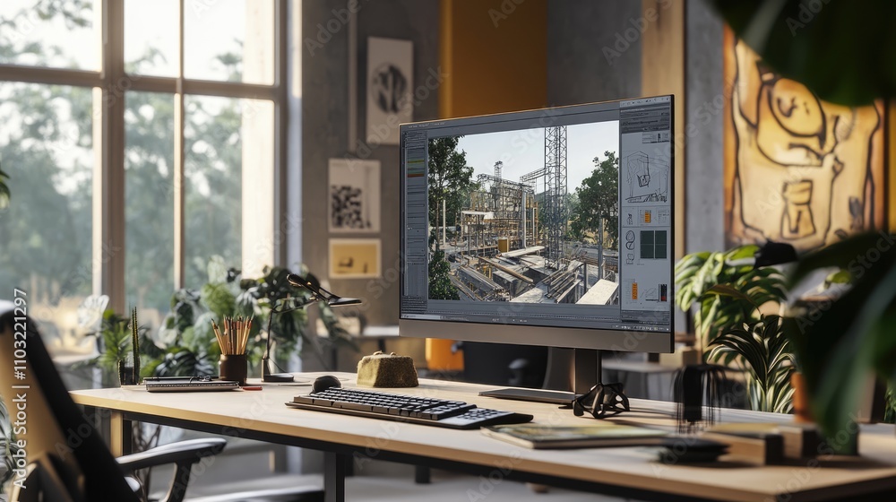 Poster modern workspace with computer displaying construction project