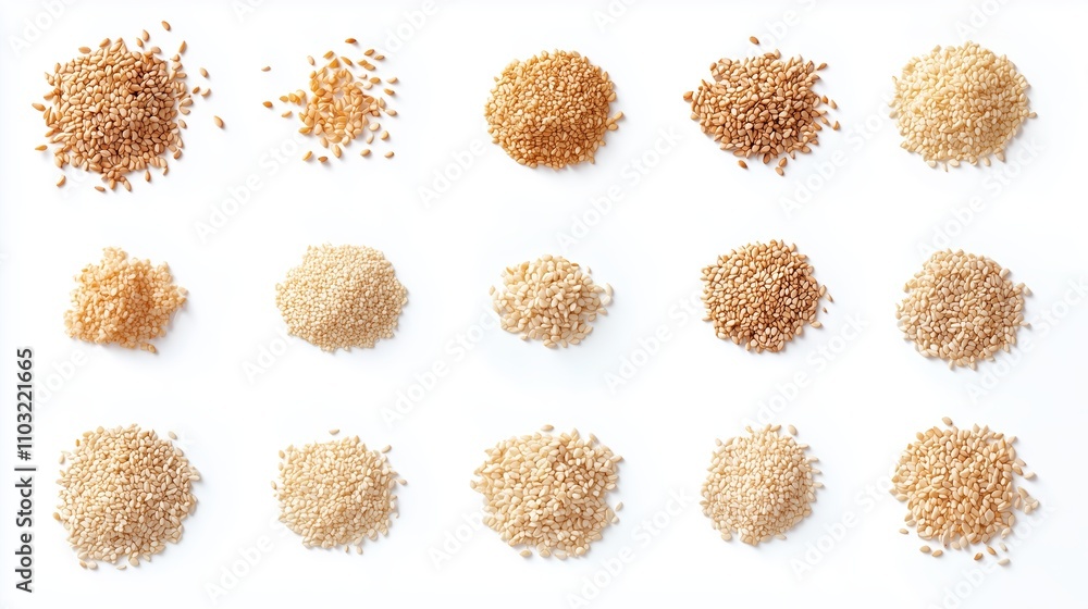 Aufkleber assorted sesame seeds displayed in various shapes and sizes on a white background
