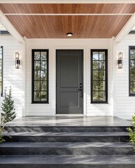 Modern Home Entrance with Stylish Black Door and Elegant Panelling