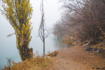 Issyk lake in the fog. Kazakhstan landscape