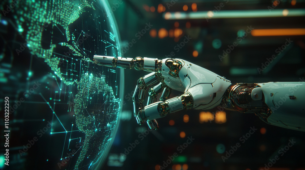 Aufkleber ai. global communication technology concept. ai controls global network. robot hand point on earth i