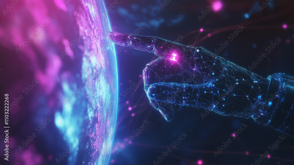 Aufkleber ai. global communication technology concept. ai controls global network. robot hand point on earth i