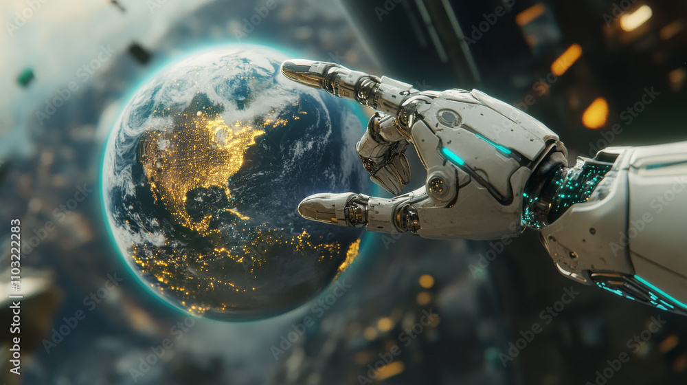 Aufkleber ai. global communication technology concept. ai controls global network. robot hand point on earth i