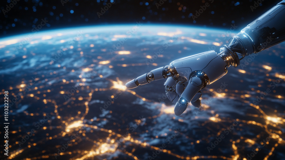 Aufkleber ai. global communication technology concept. ai controls global network. robot hand point on earth i