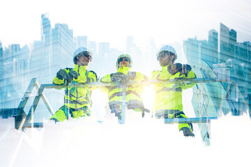 The double exposure image of the engineer thinking overlays with cityscape image with copy space. The concept of engineering, construction, futuristic and industry.