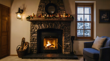 fireplace with christmas decorations, bedroom with fireplace, living room with fireplac, relaxing, ai generated