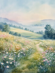 A misty morning in the English countryside, with wildflowers dotting an open field and distant hills shrouded by fog. 