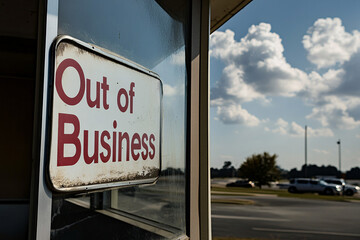 Obraz premium A faded out of business sign reflects a sense of abandonment and decline against a bright cloudy sky, evoking feelings of nostalgia and change