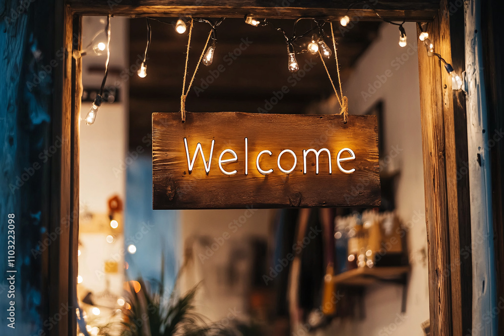 Poster a wooden welcome sign hangs warmly illuminated by string lights, creating a cozy atmosphere in a rus