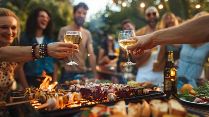 A group of friends toasting with glasses of wine at an outdoor barbecue.