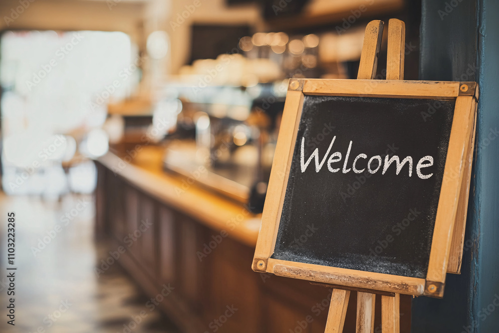 Poster a minimalistic welcome sign displayed on a wooden easel in a cozy café setting inviting guests with 