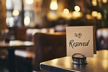 A reserved sign on a table in a cozy restaurant setting with blurred background lights creating a warm atmosphere