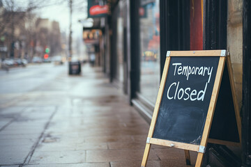 A temporary closed sign stands on a city sidewalk, reflecting a quiet atmosphere with wet pavement and blurred storefronts in the background