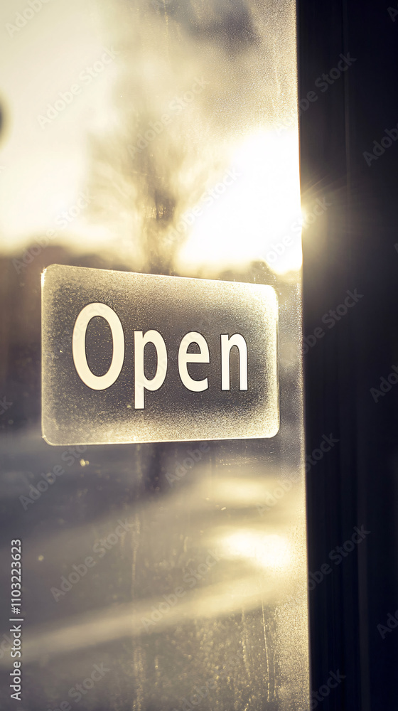 Poster a minimalistic view of a modern open sign illuminated by sunlight through a window, conveying a welc