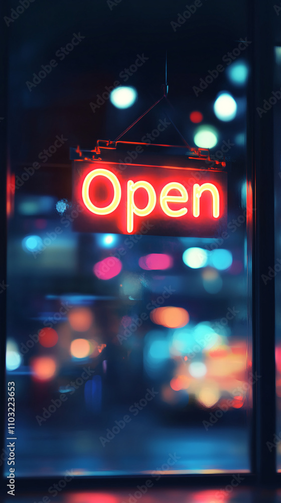Poster a neon open sign glows brightly in a window, illuminating a blur of colorful city lights in the back