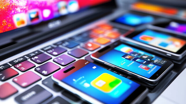 Software development for different devices. Process of optimization, debugging program or code for laptop, phone, tablet. Creation adaptive application on programming languages. computer technology.