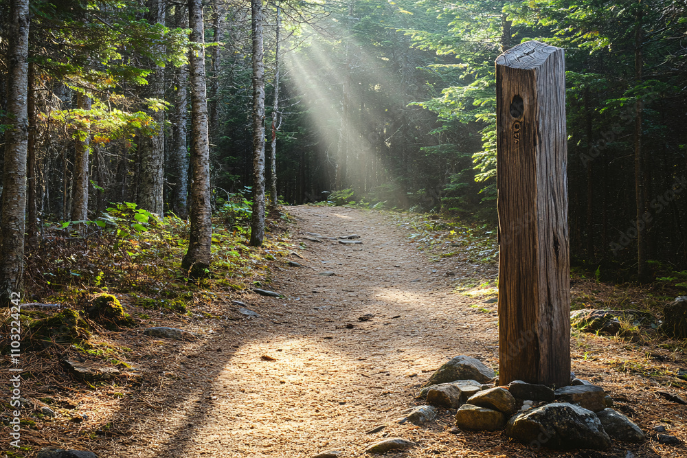 Poster a minimalistic trail marked by a wooden post surrounded by a serene forest with soft sunlight filter