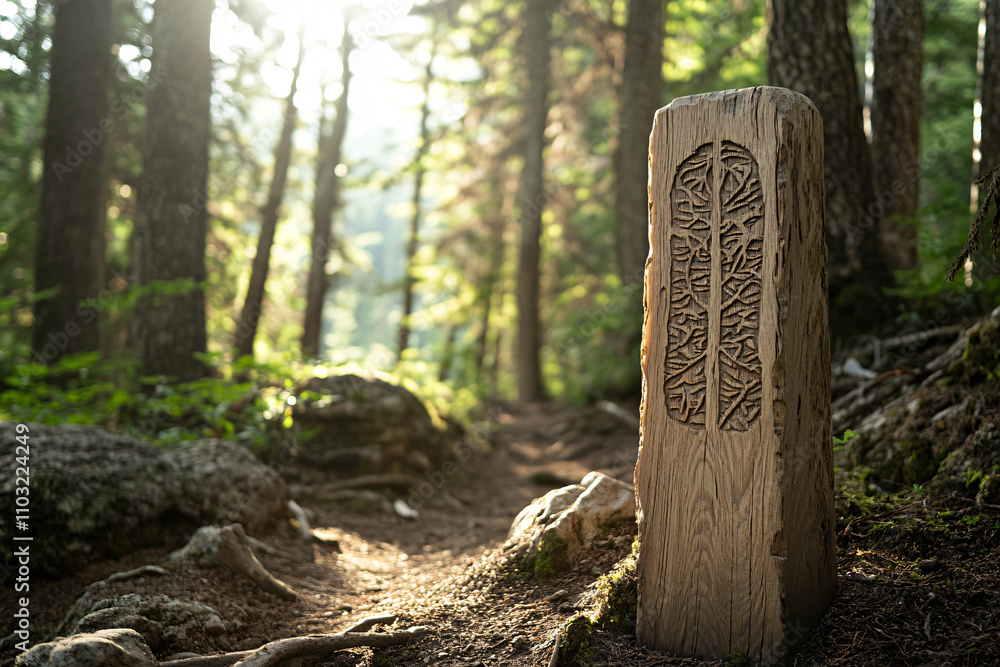 Poster a single trail mark stands in a sunlit forest surrounded by trees and boulders creating a serene and