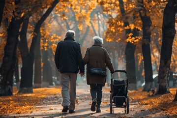 Elderly Couple Walks in Park with Assistant, Hospital Volunteering, Helping Pensioner, Caring for Elderly