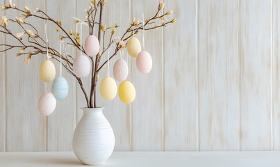 Easter eggs hanging from plants/branches, decorations, easter, eggs, poster, advertising, background, wallpaper, festival, holiday, warmth, business, education