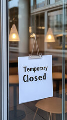 A minimalistic sign hangs on a glass door, stating that the establishment is temporarily closed with soft lighting in the background
