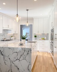 Fototapeta premium Modern Minimalist Kitchen with Marble Island and Pendant Lighting