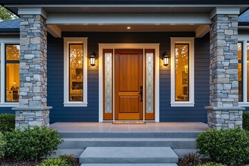 Fototapeta premium Elegant Modern Home Entrance with Stone Accents and Warm Lighting