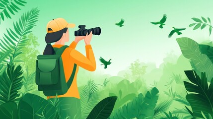 A wildlife preservationist monitoring habitats, with a vibrant green background symbolizing conservation
