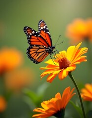 Butterfly landing on blooming flowers in a fresh spring garden