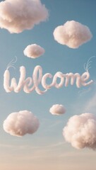 Welcome Written in Fluffy Clouds Above a Serene Pink and Blue Gradient Sky