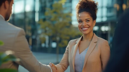 Business people, handshake and meeting in city for partnership, greeting or introduction and welcome outdoors. Happy woman with smile shaking hands for b2b, collaboration or agreement in deal outside