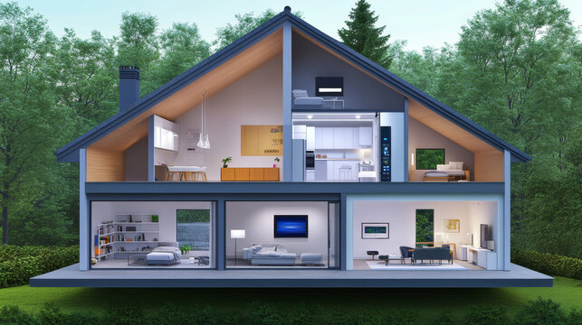 Smart home connects to IOT system via 5th generation mobile Internet over smartphone. Phone app controls internet of things with help hi speed 5g network. House automation concept, icons of devices.