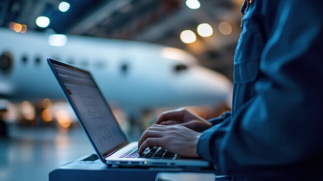 Technician Working on Laptop in Aircraft Hangar