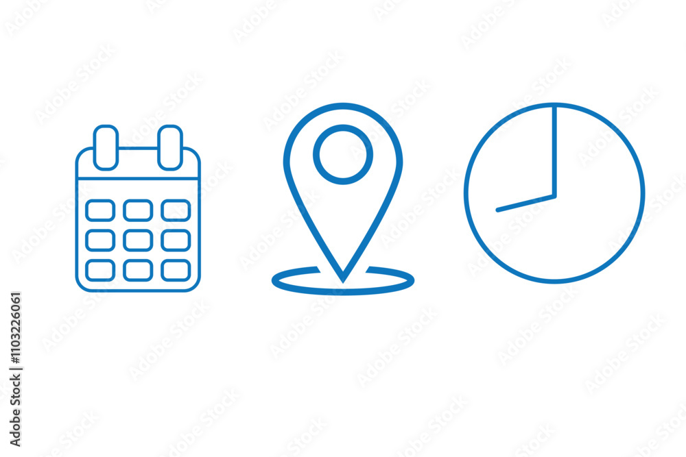 Poster time, date and address icon set. calendar, clock, location. editable stroke. linear vector outline i