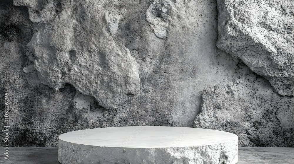 Poster monochromatic stone platform against a rugged wall background, abstract minimalist design for displa