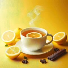 Beautiful white cup with tea and sliced ​​lemon on a yellow background. AI generated.