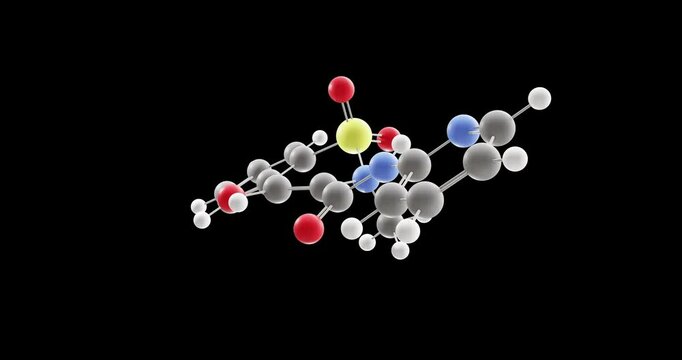 Piroxicam molecule, rotating 3D model of nonsteroidal anti-inflammatory agents, looped video on a black background