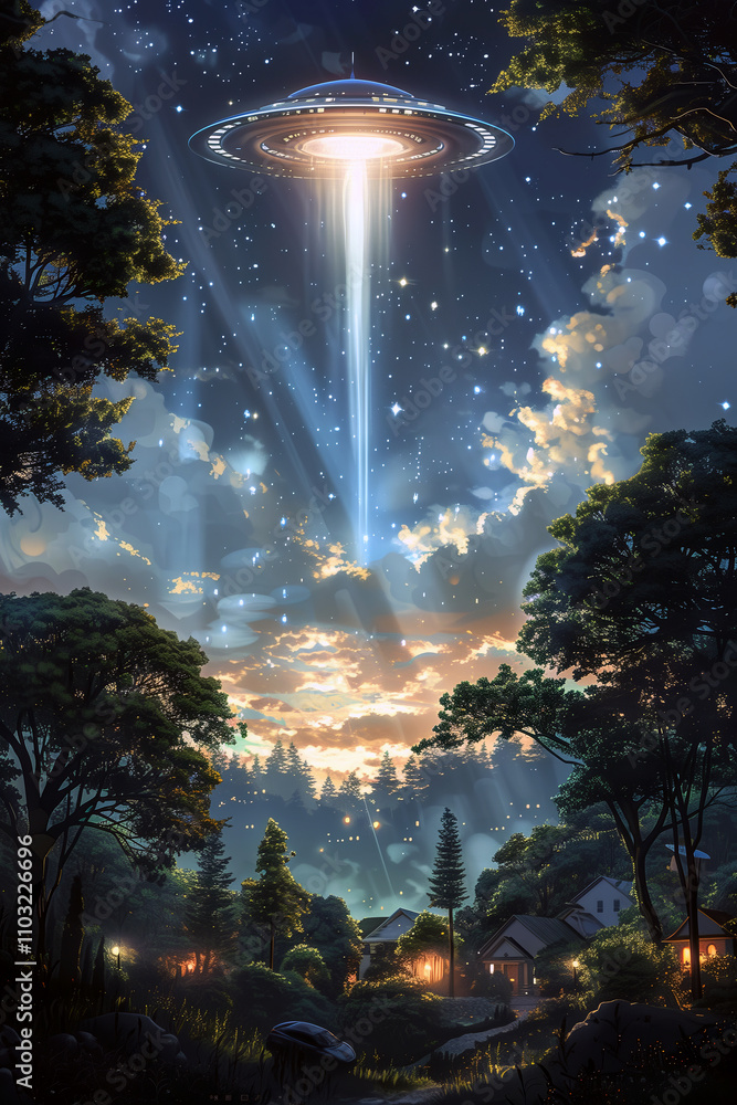 Poster a glowing ufo hovers over a peaceful suburban neighborhood at twilight, casting a beam of light fill