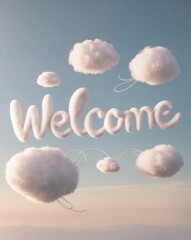 Fluffy Cloud with Welcome Message Floating Above a Gentle Pink and Blue Gradient Sky