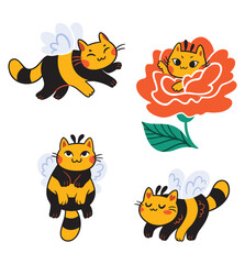 Set of cute bee cats, kawaii style