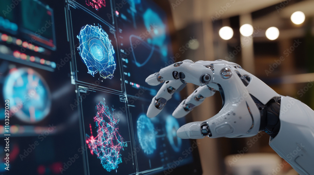 Aufkleber robotic hand working with virtual graphic interface. hud