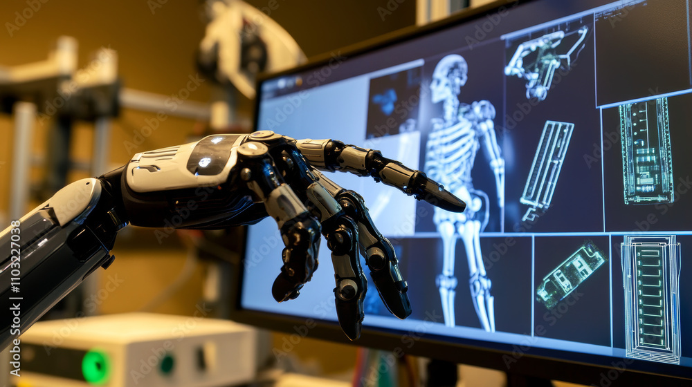Poster robotic hand working with virtual graphic interface. hud