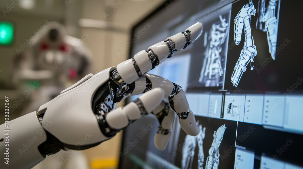 Poster robotic hand working with virtual graphic interface. hud