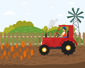 Man farmer driving tractor. Flat cartoon character working in farm using agricultural machinery. Horticulture and husbandry business. Fence on the background with trees and windmill.