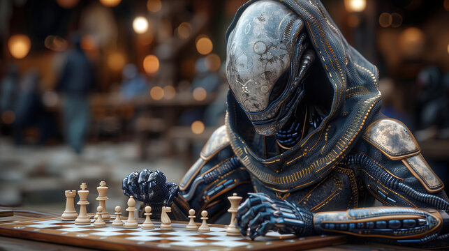 Futuristic alien with intricate metallic details playing chess in a warmly lit, blurred background setting, evoking a sense of intelligence and strategy.