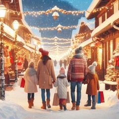 A snowy village street decorated with Christmas lights, with families walking along, holding hands and carrying shopping bags full of gifts