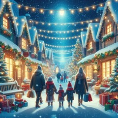 A snowy village street decorated with Christmas lights, with families walking along, holding hands and carrying shopping bags full of gifts