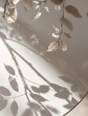 a white table with a bird's eye view, sunlight shining in and reflections of leaves, clean and simple, crisp, minimalism,