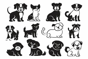 Fototapeta premium Cute dog icon set, pet animal flat silhouette, puppy icons, funny dog character pictogram, minimal woof sign
